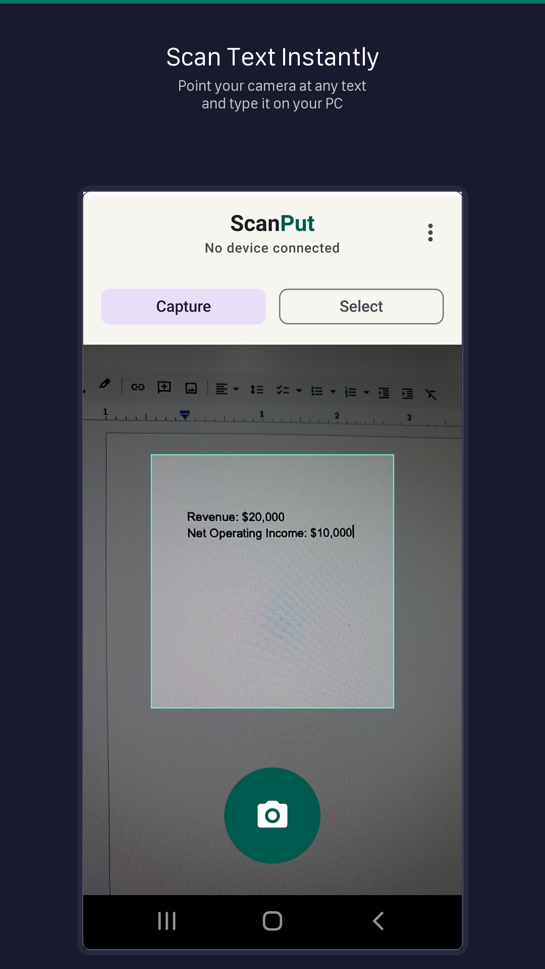 Capture mode - scan text with camera