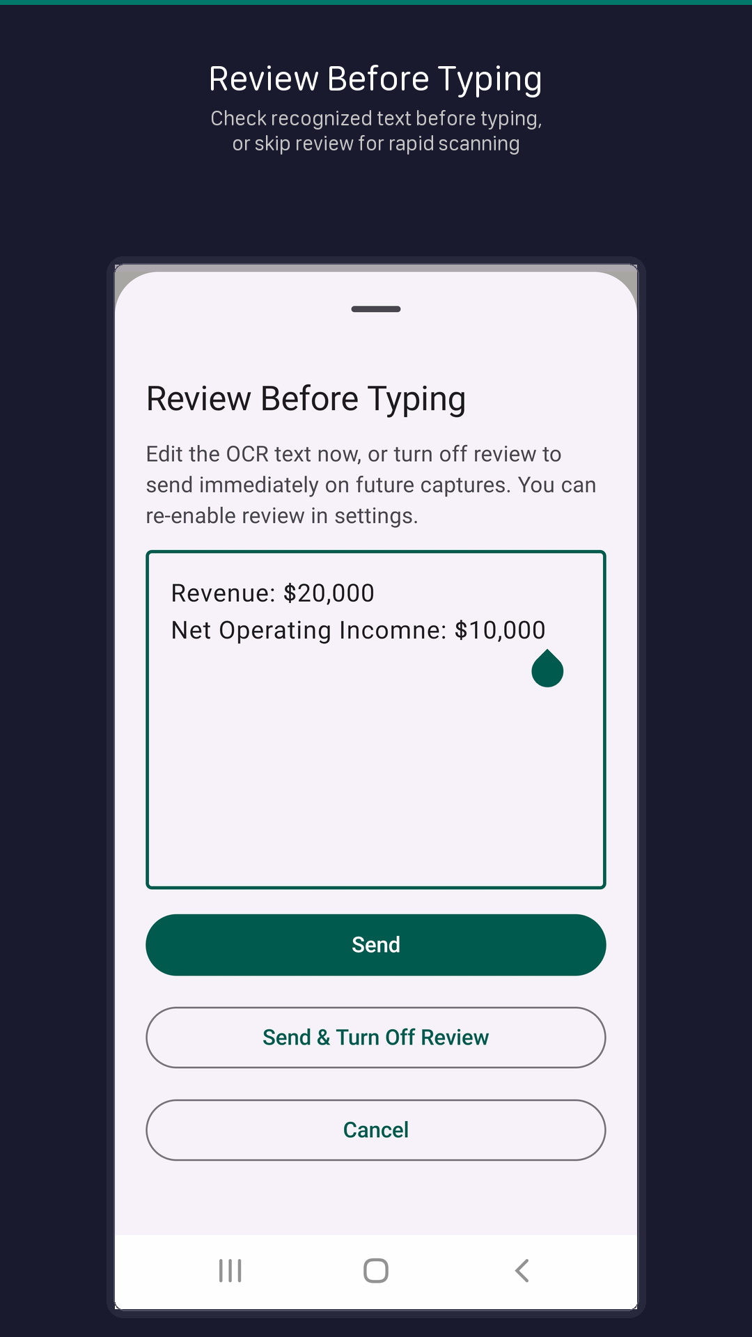 Review recognized text before typing